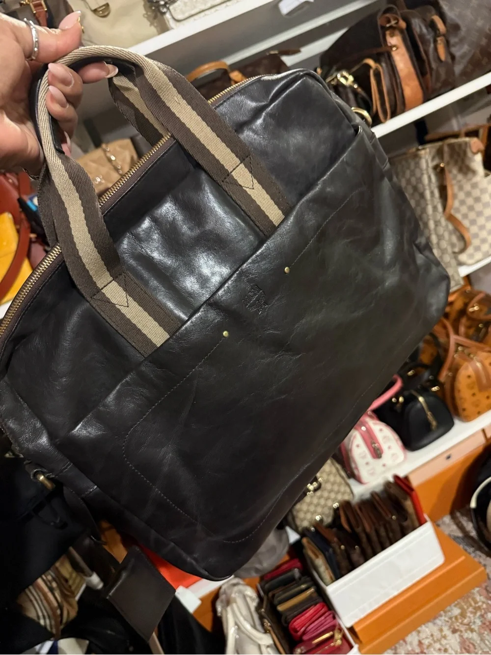 MCM Men's Black Leather Bag with Brown Stripe Handles